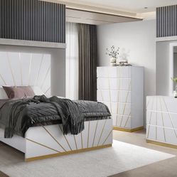 New Four Piece Queen Bed, It Includes Dresser, Mirror, Nightstand, And Bed
