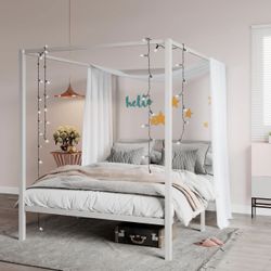 White Metal Canopy Bed Frame (Queen Size)