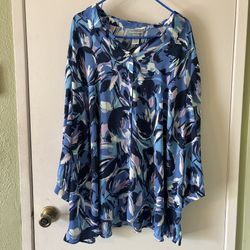 Catherine’s Blue Printed Sheer Plus Size Button Down Shirt Blouse 4x 30/32 Women