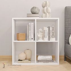 JY Furniture 4-Cube Storage Organizer, Wood Bookcase, Bookshelf Display Cube Compartments, White