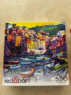 500 Piece Red Barn Puzzle – Colorful Coastal Village Scene 🧩🌅