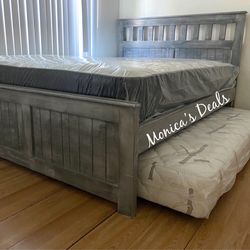 Queen Solid Wood Bed With Twin Roll Out Mattress $680