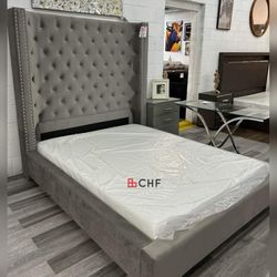 Transitional Velvet Queen  / Eastern King Size Bed Frame  - Mattress Sold Separately 