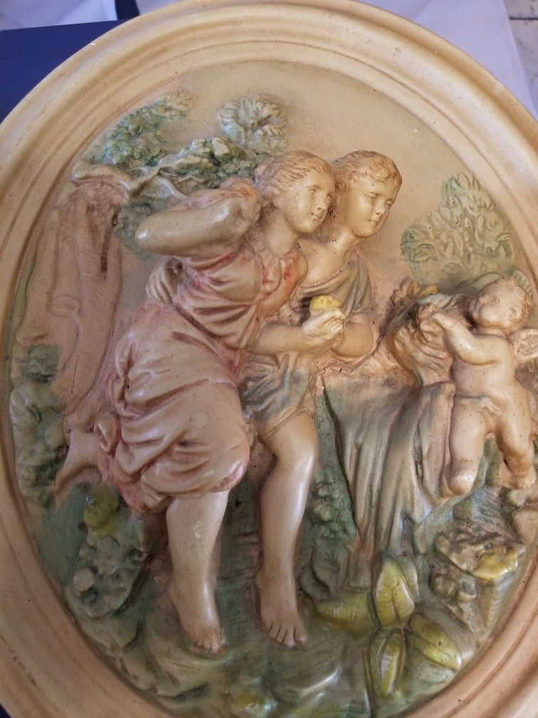 Vintage Plaster Relief Sculptures Oval Lovers