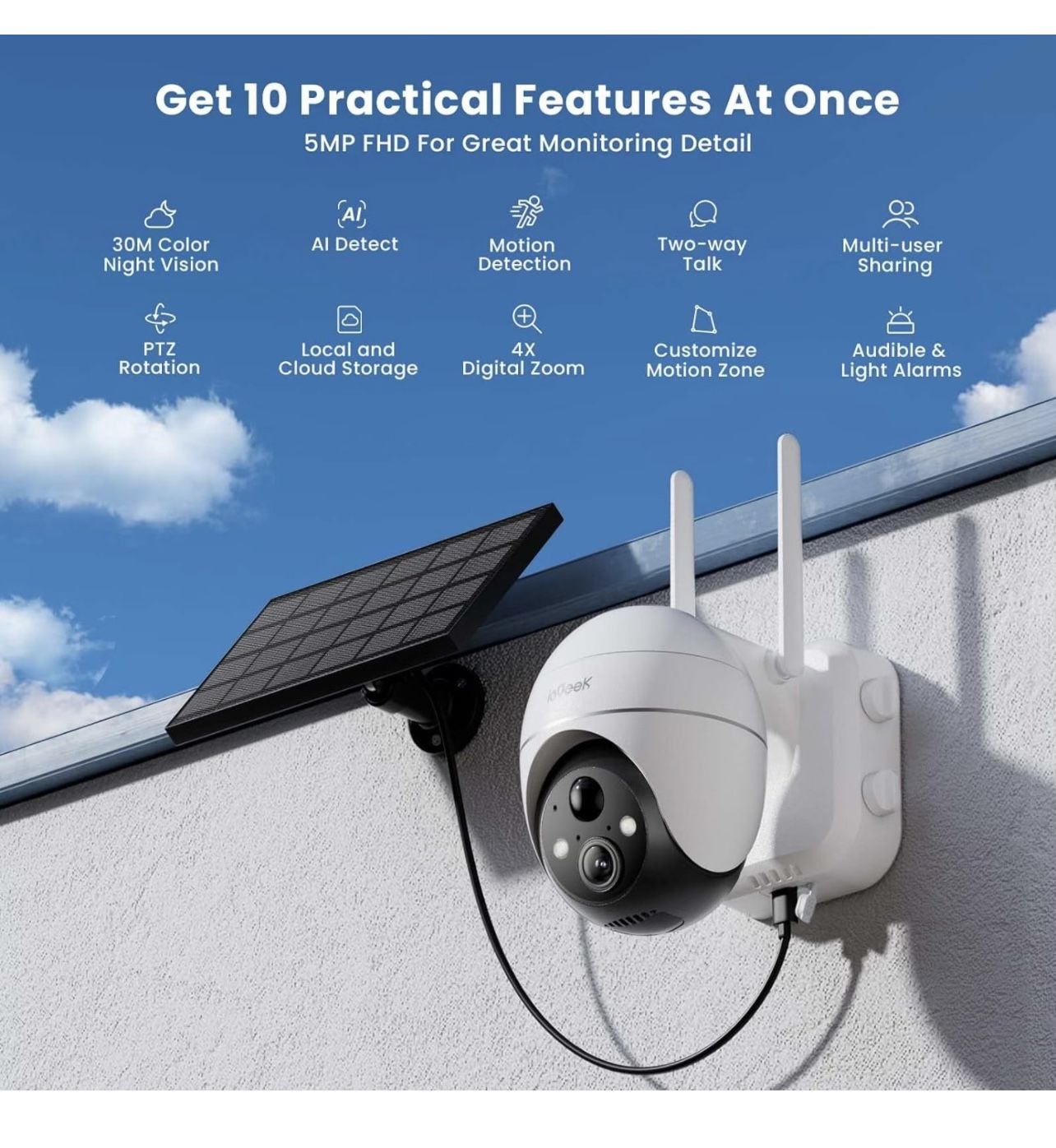 BRAND NEW IN BOX ieGeek 5MP Security Cameras Wireless Outside, Solar Camera Outdoor Wireless WiFi 360° PTZ Battery Powered with Spotlight & Siren