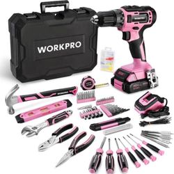 20V Pink Cordless Drill Driver and Home Tool Set, 141PCS Hand Tool Kit for DIY, Home Mainten