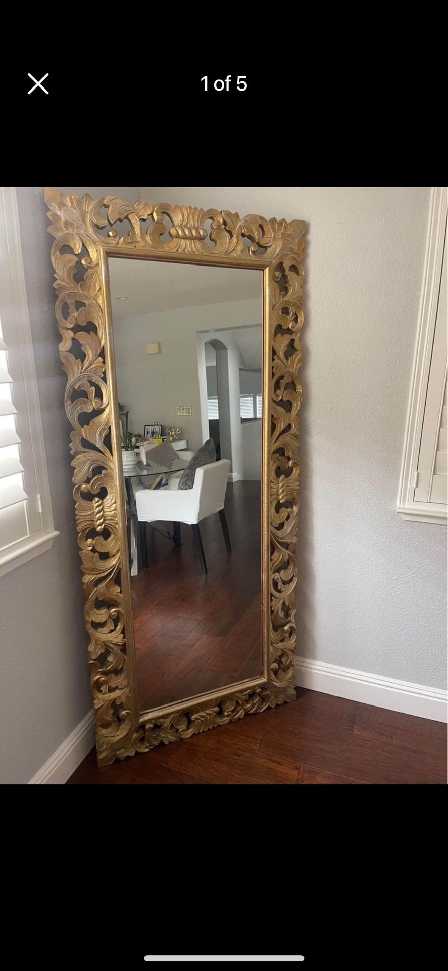 Hand carved wood frame, large mirror Antique vintage silver/gold/platine