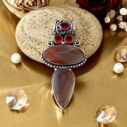 Botswana Agate And Garnet 925 Sterling Silver Overlay Handcrafted Pendant