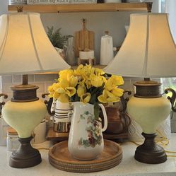 Set of 2 for Living Room Farmhouse Bedside Lamp with Fabric Shades Boho Nightstand Lamp 