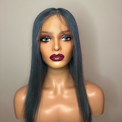 13x1 20in Baby Blue Human Hair Wig 