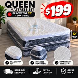 Queen mattress pillow top set with box spring (2pc - new)