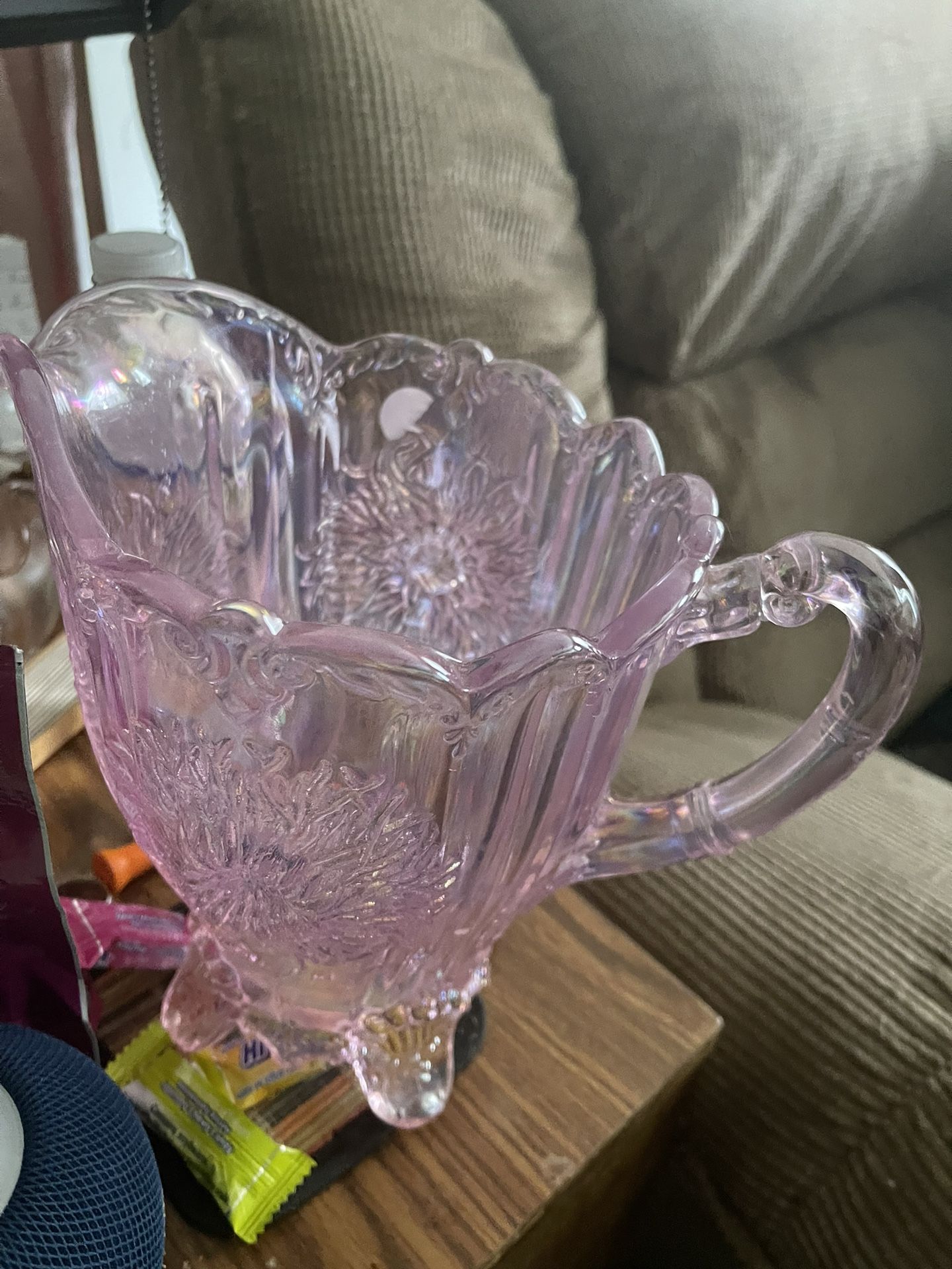Mosser Carnival Glass Iridescent Silver Footed Dahlia Pitcher Made in USA