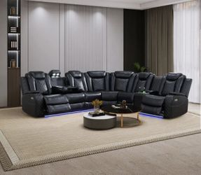 Power Electric Black Leather Fully Reclining Sectional Couch 