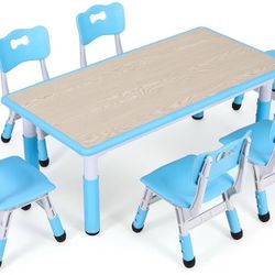 Kids Table and 6 Chairs Set, Height Adjustable Graffiti Table, Preschool Activity Art Craft Table, for Daycare Classroom Home Boys and Girls Age 3-12 