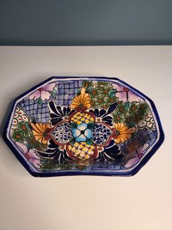 Mexican Talavera Octagon Shaped Bowl With Blue Trim