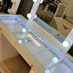 Brand New In Box Vanity With Glass Table Top Hollywood Lights Crystal Knobs White Firm Price $699 Stool NOT Included 