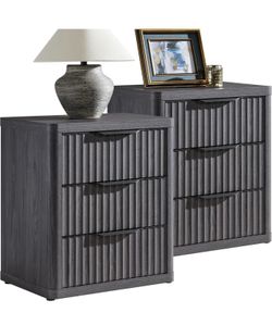 Night Stand Set of 2 Nightstands with 3 Drawers Storage Bedside Table Large Fluted Bed Side End Table Modern 25.6" Tall Wide Night Stands for
