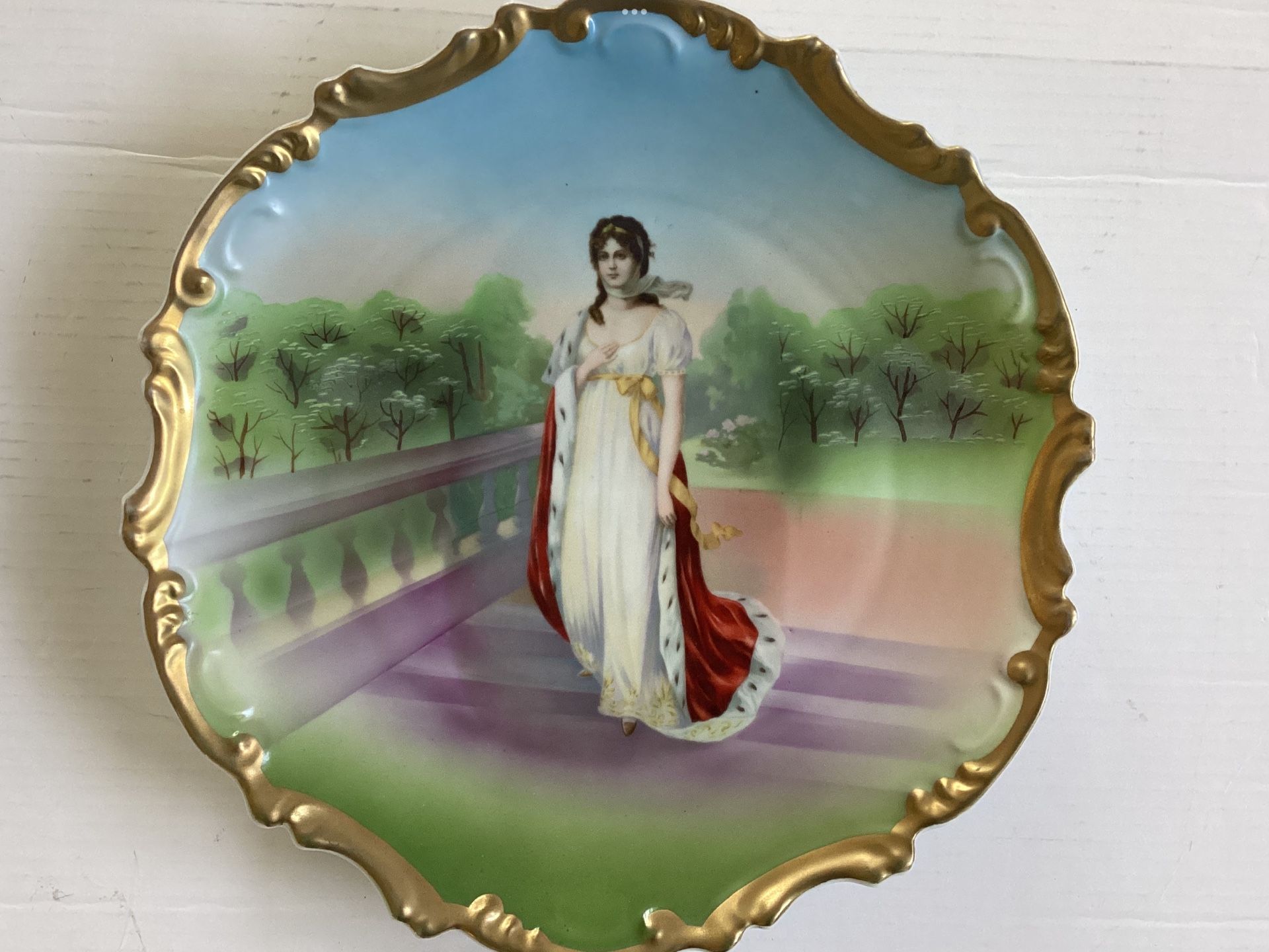 Antique Porcelain Hand Painted Decorative Plate 13” Queen Louise of Prussia Portrait Gold Trim Oversized 