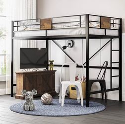 Loft Bed Black Metal And Wood Finish