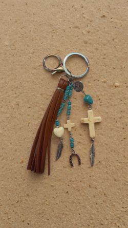 Cowgirl Cross Keychain & Bag Tassel Faux Turquoise Beads & Silver Alloy Charms
