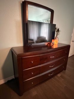 Dresser with Mirror - Dark Cherry Wood