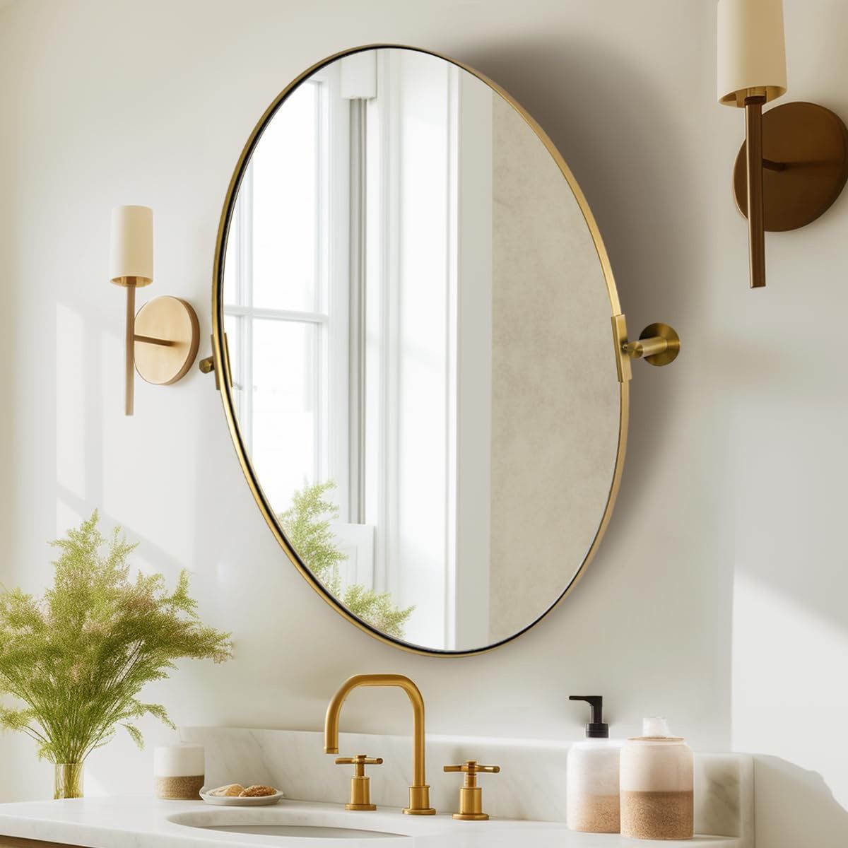 ANDY STAR Gold Bathroom Mirror, 22" x 30" Tilting Vanity Oval Mirror for Wall, Brushed Gold Stainless Steel Metal Frame Pivot Mirror Hangs Vertically 