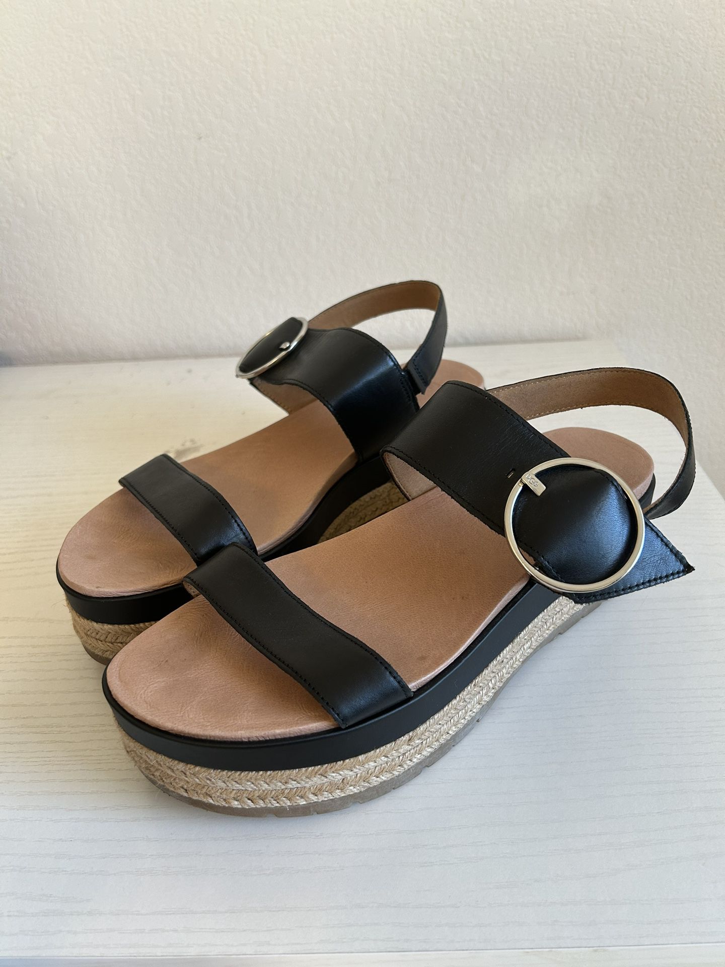 UGG Black Strappy Leather Espadrille Platform Sandals