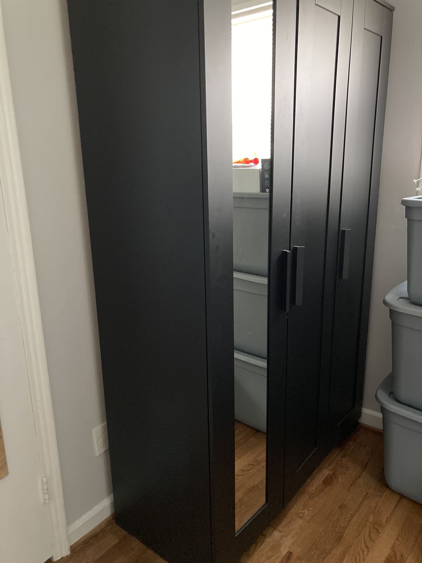 IKEA storage closet armoire black mirror shelves hanging