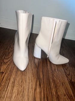White Block Heel Ankle Boots
