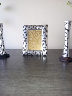 Wood And Silver Metal Picture Frame And Candlesticks