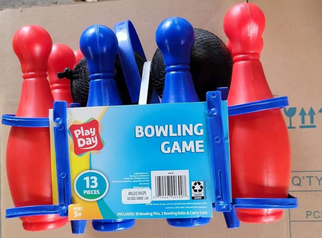 Kids Toy Bowling Sets $8.00 each (two available)
Each set includes 13 pieces (ten bowling pins and two bowling balls)
