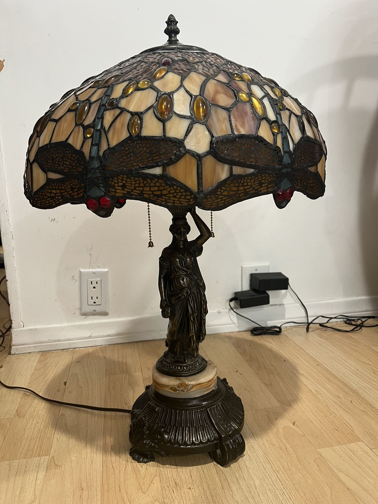 Tiffany Dragonfly Shade With Beautiful Women Marble And Bronze Base