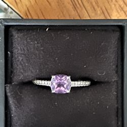 Gem Stone King 925 Sterling Silver Purple Amethyst and White Created Sapphire Ring for Women | 1.70 Cttw | Cushion Checkerboard 7MM, size 9