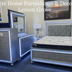 Queen Silver Bedroom Set (Bed Frame, Dresser, Mirror And One Nightstand)