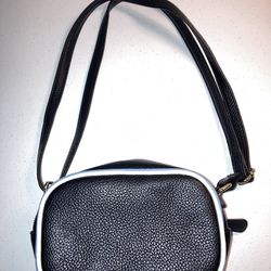 Imitation Leather Purse/Hand Bag, Black With White & Blue Trim, Adjustable Strap. 