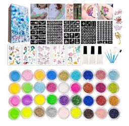 New in Box Glitter Tattoo Kit 36 Colors, Glue, Brushes, Stocker Stencils perfect for Parties