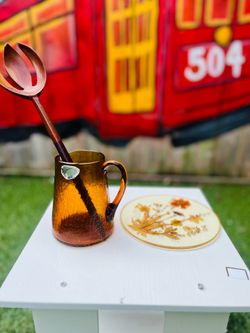 Mid century modern Vintage Bundle! Craftsman Pilgrim West Virginia Hand Blown Amber Crackle Glass Pitcher with Dried Floral trivet and Craftsman Spoon