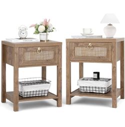 VOWNER Rattan Nightstands Set of 2 - Farmhouse Bedside Table Night Stand with Drawer and Storage Shelf, Boho End Side Table for Bedroom, Mesitas De No