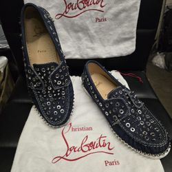 Christian Louboutin YACHT SPIKES FLAT slip -on Indigo blue denim 