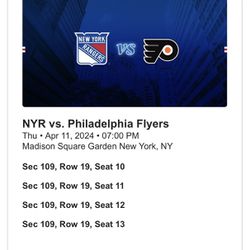 Tickets for the Rangers Vs Flyers game tonight at Madison Square Garden. 🏒 🥅 
