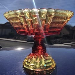 Vintage flash glass red/yellow amberina Jeanette pedestal fruit bowl $15.00