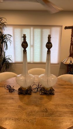 Mid-Century Italian Murano / Venetian-style white and gold glass table lamps