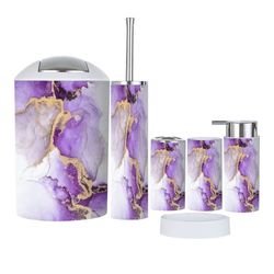  Bathroom Accessory Set 6 Piece Purple Gold Abstract Marble Liquid Ink Art Painting Paper Toothbrush Holder, Toothbrush Cup, Soap Dispenser, Soap Dish