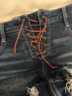 Distressed Denim Shorts with Lace-Up Front