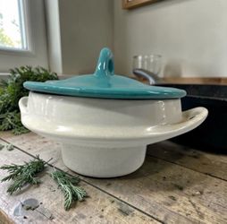 Vintage Calif USA 247 Covered Casserole Dish Turquoise Lid Mid Century Pottery