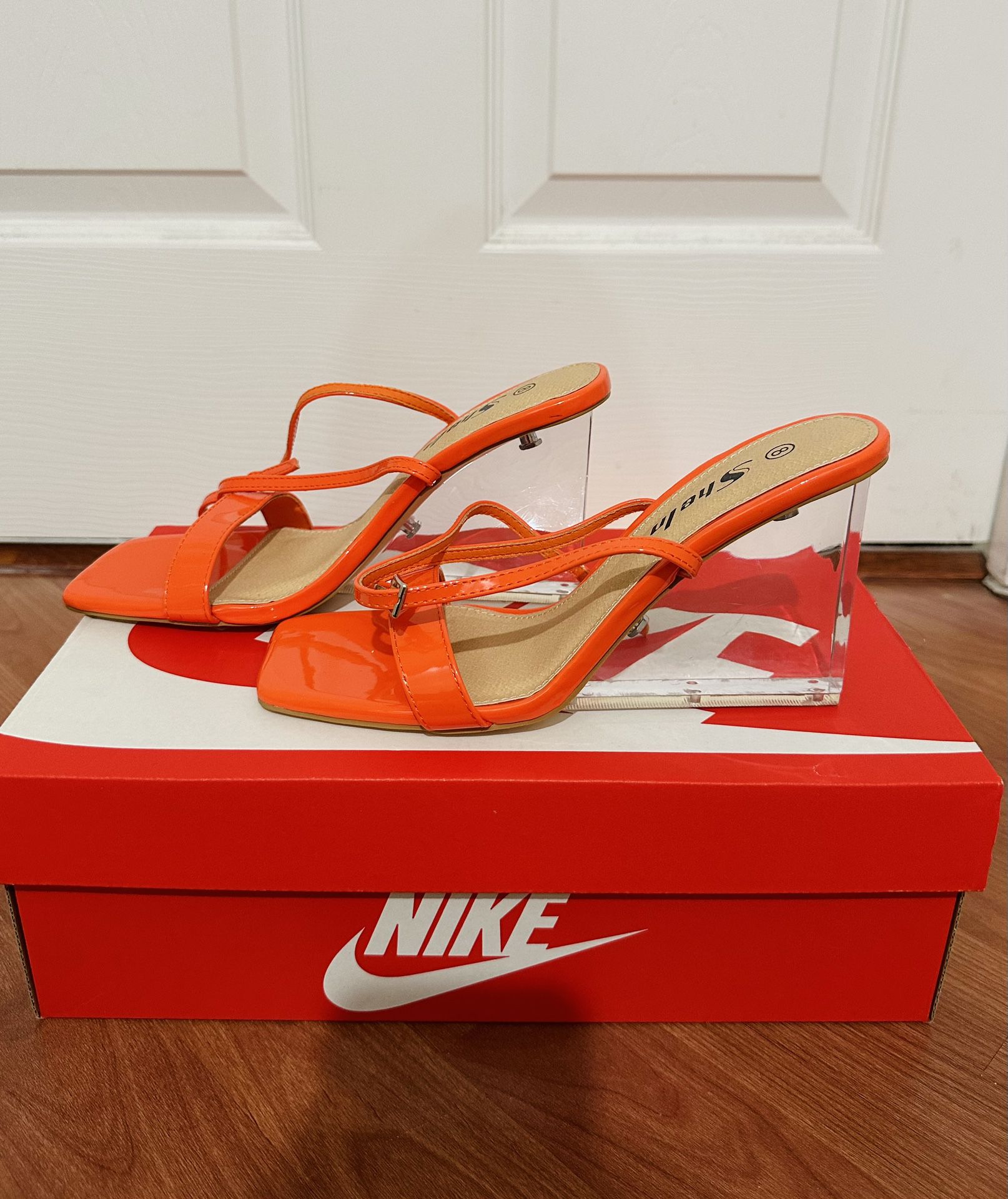 Sheln 4inch ORANGE clear fiberglass heels shoes size 8 