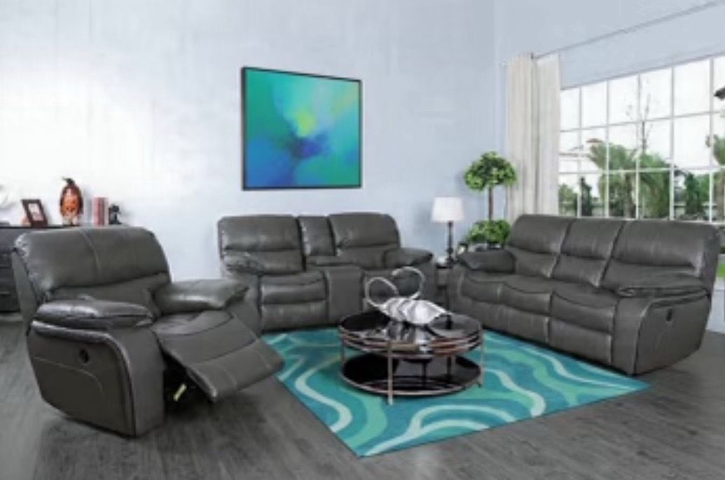 Memorial Day sale. Madrid, gray leather reclining sofa and loveseat set only $1199. Easy finance option. Same-day delivery.
