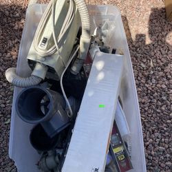 Large bin, plumbing pieces, mixed tool lot