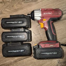 Preowned Chicago Electric 18 Volt Cordless Impact Driver BARE TOOL & batteries only ) no charger.  68853 1/4” HEX.  4 batteries  1-drill   In good wor