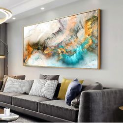 Wall Art Light Gray Blue Yellow Cloud Abstract - Canvas Painting Poster with Frame, 20"x40"